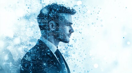 Businessman in suit with digital forex chart double exposure isolated on white background Stock Photo with side copy space
