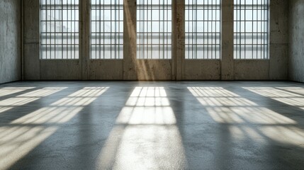 A spacious, empty room with large windows casting shadows on the concrete floor.