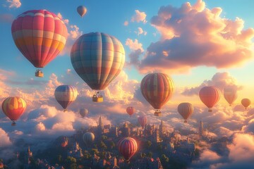 Fototapeta premium Hot air balloons soar above a dreamy city at sunset, perfect for travel brochures
