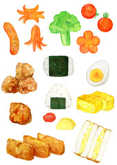 手描き水彩のお弁当具材イラストセット, Hand-painted Bento Ingredients Illustration Set
