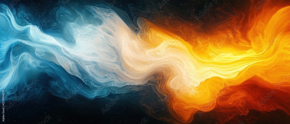 Poster a colorful swirl of blue and orange space with a white line in the middle. generative ai