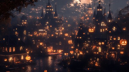Fototapeta premium A Halloween Town Illuminated by Jack-o'-Lanterns