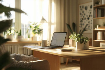 Fototapeta premium A Modern Home Office with Natural Light, Wooden Desk, Laptop, Coffee Cup, and Lush Indoor Plants in a Minimalist Studio Workspace Setting. Working From Home