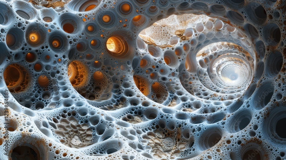 Poster intricate spiral fractal pattern with blue and orange abstract design