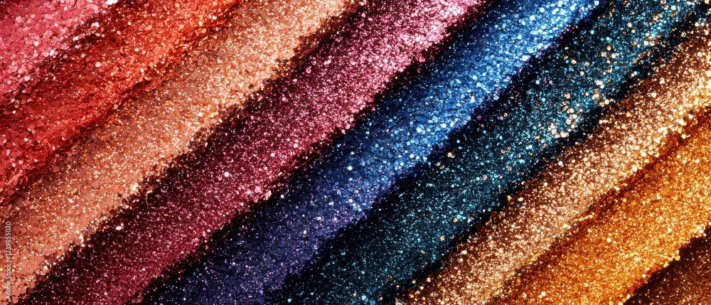 Poster a row of colorful fabrics with glitter on them. generative ai