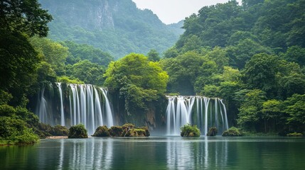 A serene natural landscape featuring a waterfall surrounded by lush greenery