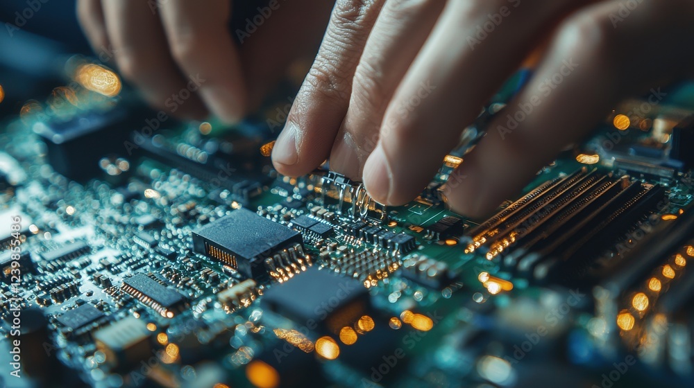 Poster a person is touching a circuit board with their fingers. generative ai