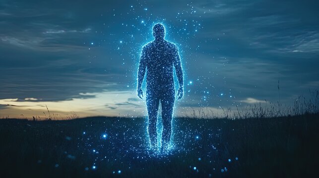 A conceptual art piece depicting a human silhouette made of glowing stardust, cosmic and abstract