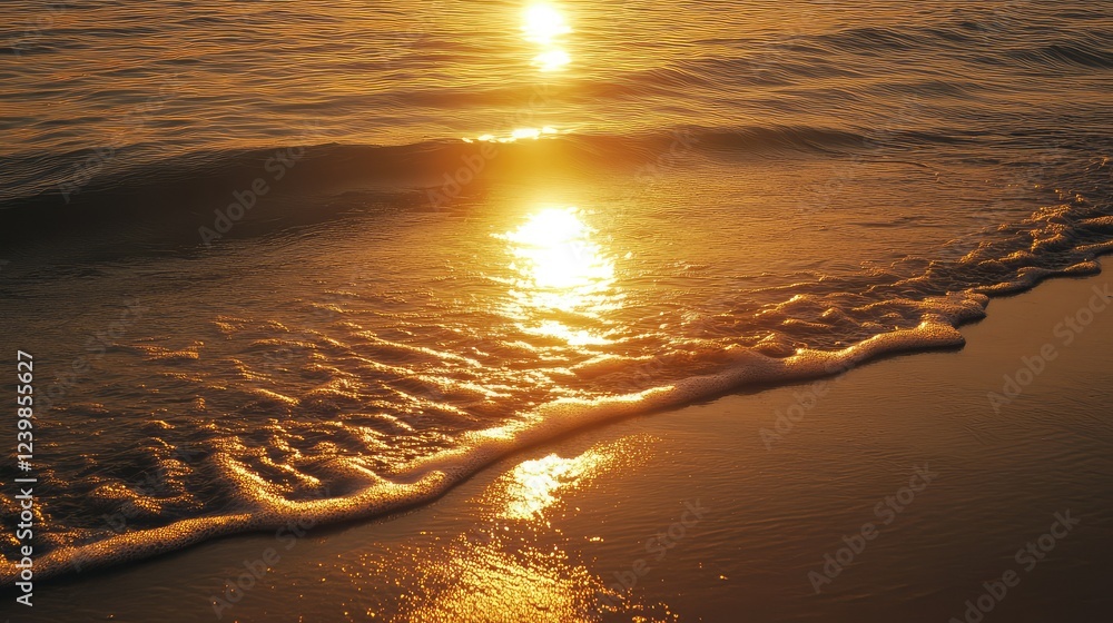 Poster serene sunset reflection on calm ocean waves with glimmering light creating a peaceful atmosphere fo