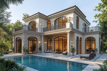 3D Rendering of a Luxury Villa with a Sparkling Swimming Pool