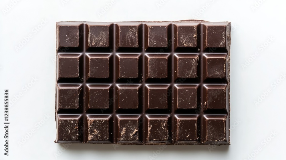 Poster dark chocolate bar with square segments resting on a clean white background, ideal for highlighting 