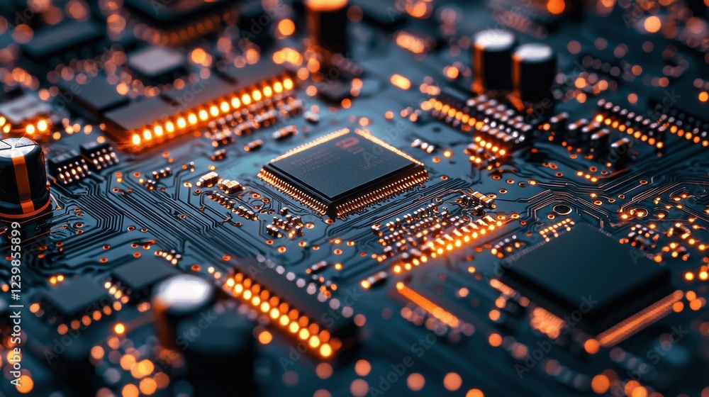 Aufkleber a close up of a computer chip with a lot of orange lights. generative ai