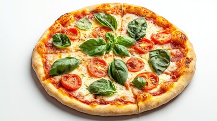 Freshly Baked Margherita Pizza Topped with Basil Leaves, Sliced Tomatoes, and Melted Cheese on a Crisp Golden Crust, Perfect for Culinary Delight