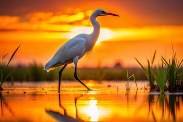 Silhouette of Eastern Cattle Egret in Breeding Plumage Walking Through Rice Paddy at Sunset