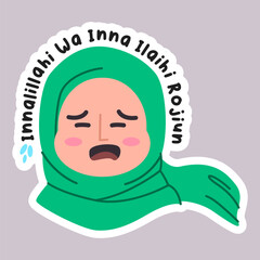 Islam religion Muslimah female woman girl wearing hijab chibi character sad crying mourning facial expression Innalillahi wa Inna Illaihi Rojiun condolence words text icon