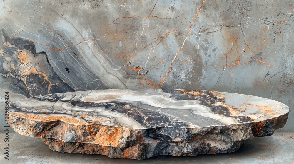 Poster marble table with natural veining and unique patterns in gray and orange tones