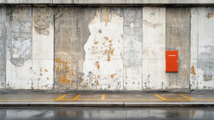 A weathered concrete wall with peeling paint and a small red door.