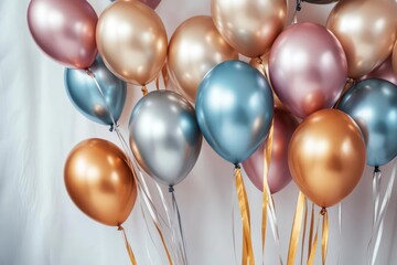 elegant birthday celebration scene with metallic balloons and silk ribbon