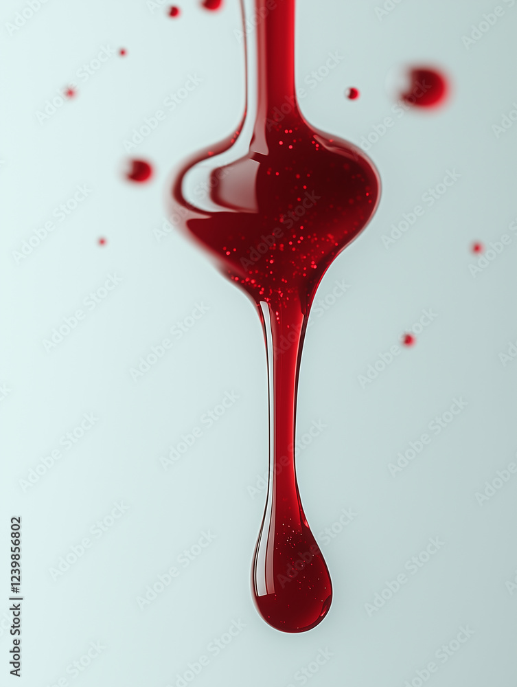 Poster dripping red syrup creates visually striking effect against light background, showcasing its glossy 