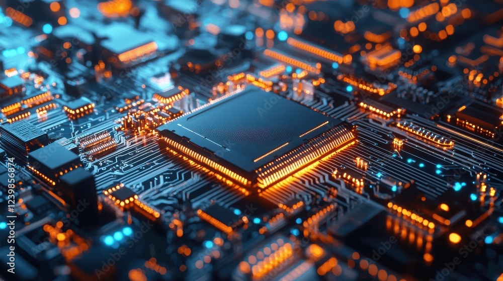 Poster a computer chip is shown in a close up with a lot of orange and blue lights. generative ai