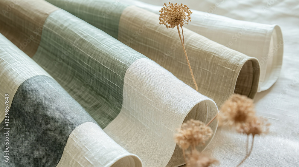 Poster delicate arch design in serene fabrics showcasing muted colors and natural textures for a calming at