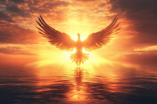 A majestic phoenix with its wings spread wide, standing on the edge of calm waters at sunset