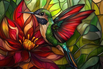 Obraz premium Vibrant Hummingbird Amidst Stained Glass Floral Design