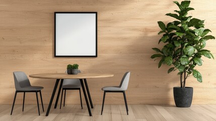 Fototapeta premium Stylish modern dining area with wooden accents, minimalistic furniture, and decorative indoor plant in contemporary setting