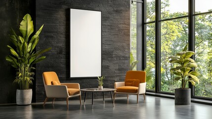 Modern minimalist living room with yellow chairs and large windows overlooking a serene green landscape