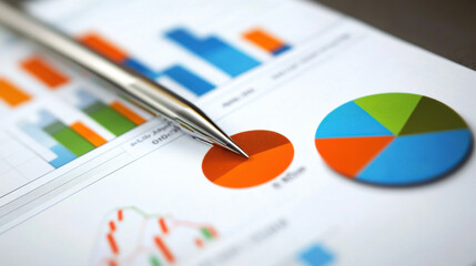 Fototapeta premium Financial report with colorful bar and pie charts, accompanied by a pen, representing business analysis, investment strategy, and data-driven decision-making
