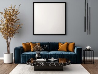 Elegant living room with velvet couch, modern coffee table, decorative accessories, and autumn-themed decor accents