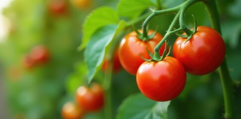 A close-up of ripe tomatoes on a vine hanging from a trellis, tomato, vine, plant growth