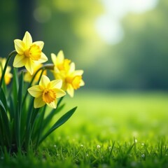 Obraz premium A cluster of daffodils swaying gently in the breeze on a grassy meadow , yellow, grass, daffodils