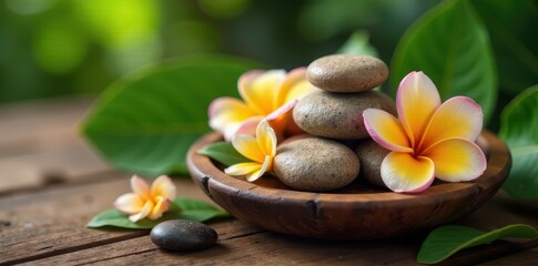 Fototapeta premium A cluster of warm frangipani-scented spa stones nestled among tropical leaves and flowers on a rustic wooden tray , calming, frangipani, aromatherapy