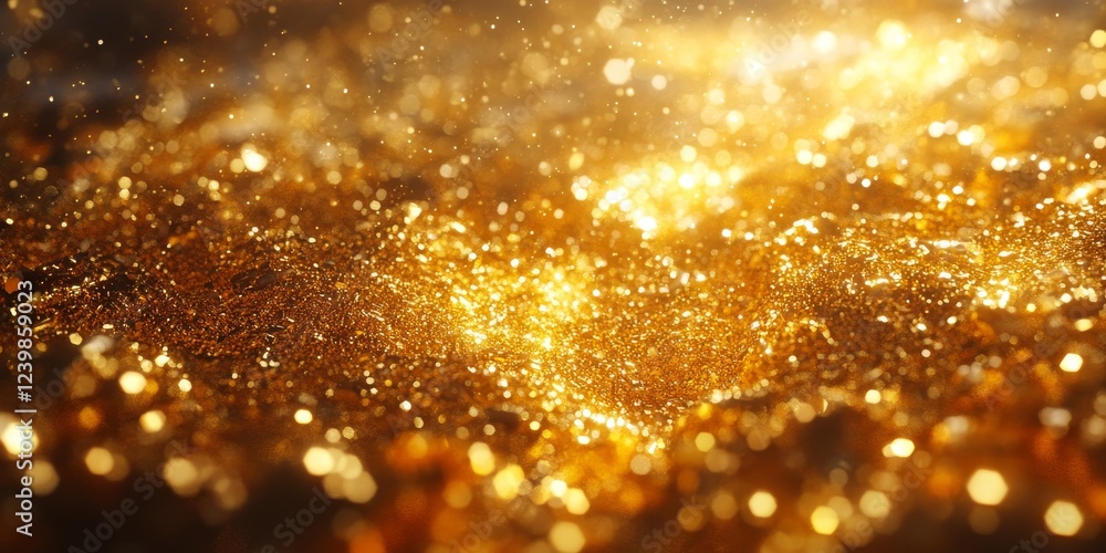 Poster realistic gold particles on surface with depth of field effects