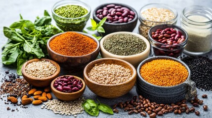 Fototapeta premium Fresh Variety of Healthy Spices and Seeds with Herbs on Rustic Surface