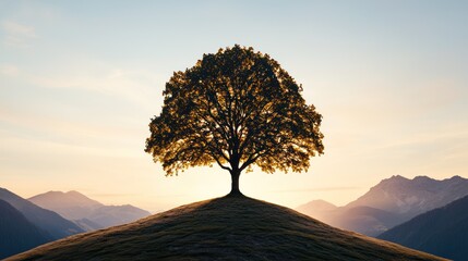 A solitary tree stands on a hill against a sunset backdrop, highlighting nature's beauty.