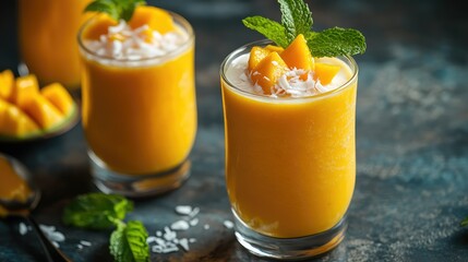 Fototapeta premium Refreshing Mango Smoothie with Mint and Coconut Garnish Served in Clear Glasses, Perfect for Summer Drink Recipes and Tropical Culinary Themes