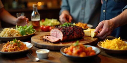 A group of friends around a table laden with tender pulled pork and sides , gathering, friendship, social