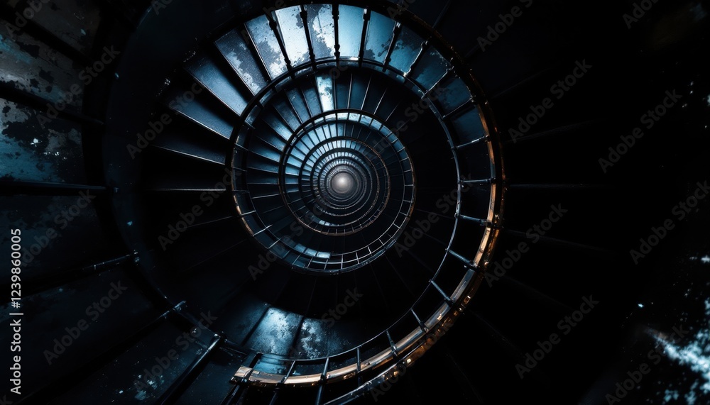 Poster spiral staircase in dimly lit interior with concentric patterns and descending view