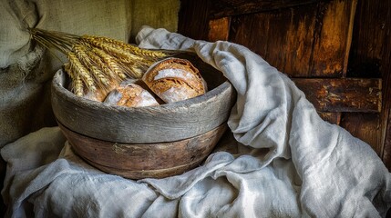 Obraz premium Rustic Wooden Bowl with Fresh Bread and Wheat on a Textured Surface