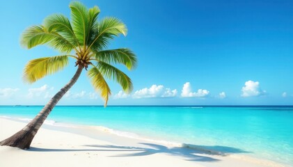 A lone palm tree bends in the ocean breeze against a backdrop of clear blue waters and powdery white sand , ocean, white sand, beach