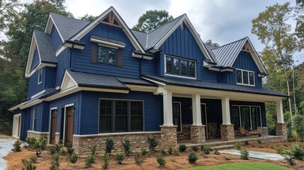 Luxury navy blue farmhouse with stone accents. Perfect for real estate, home design, and architectural websites.