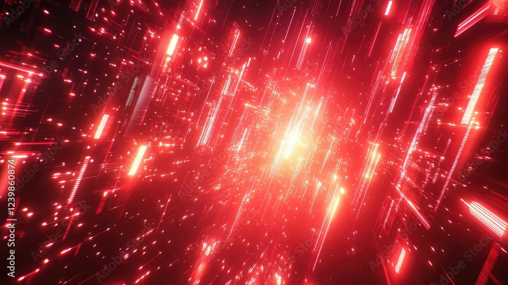 Poster explosive red light burst in a digital space, symbolizing energy, speed, and motion with abstract li