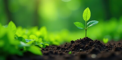 A small sapling emerges from the soil surrounded by lush green vegetation and vibrant leaves, foliage, natural environment, forest