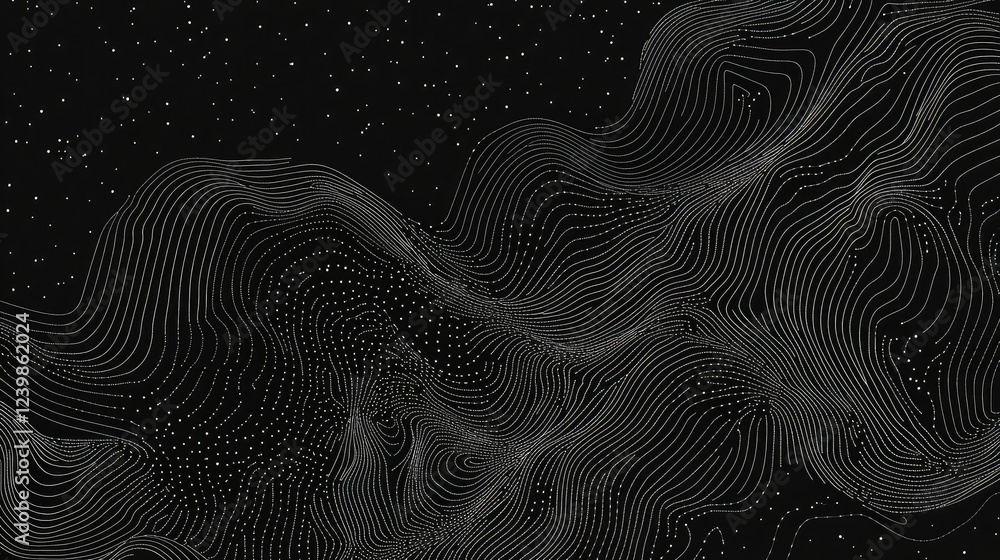 Poster abstract monochrome background with wavy lines and scattered dots, creating a sense of depth and mov