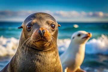 Fototapeta premium South African Fur Seal, Dominican Gull Double Exposure