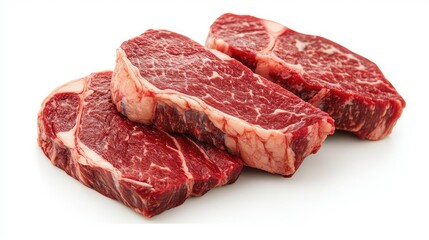 Obraz premium Fresh uncooked beef steaks displayed together showcasing rich marbling and vibrant red color, perfect for gourmet cooking and culinary presentations