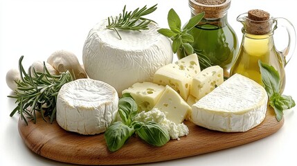 Fresh Cheese Variety with Herbs and Olive Oil on Wooden Cutting Board
