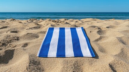 A blue and white striped towel resting on sandy beach, overlooking the ocean.